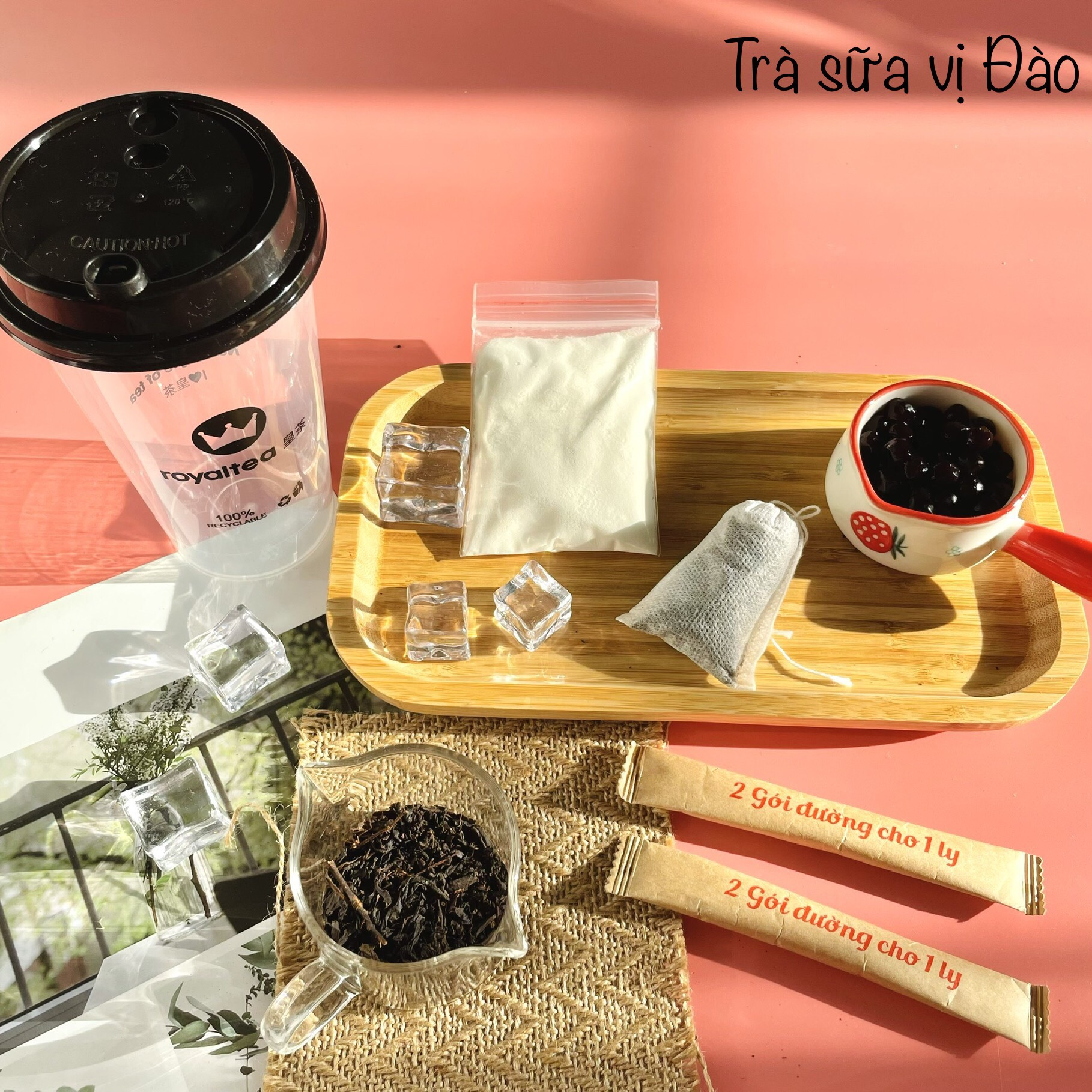Trà sữa Royaltea Vị Đào + Trân Châu Đen Đài Loan Chưa Nấu. Trà Sữa Royaltea Tự Pha Chính Hãng, set trà sữa tự nấu tiện lợi