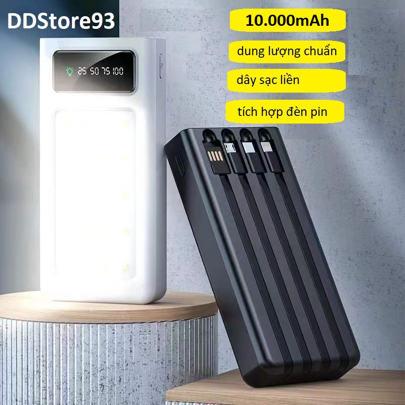 Sạc dự phòng 10.000mah tích hợp đèn pin, dây sạc gắn liền sử dụng cho nhiều thiết bị iphone, samsung, oppo, xiaomi, huawei, vivo....