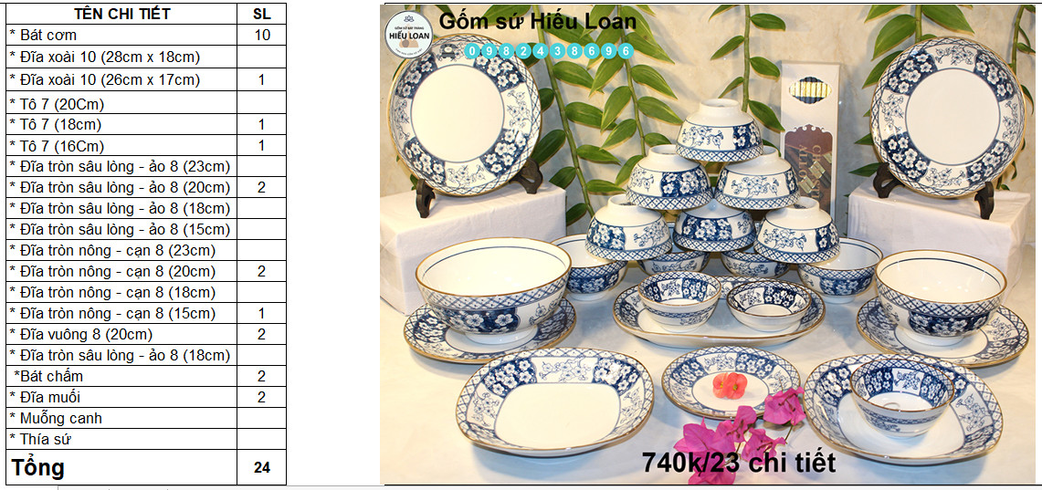 Bộ Bát Đĩa Bát Tràng [23 MÓN] - Bộ Bát Đĩa Cao Cấp [HOA ĐÀO]