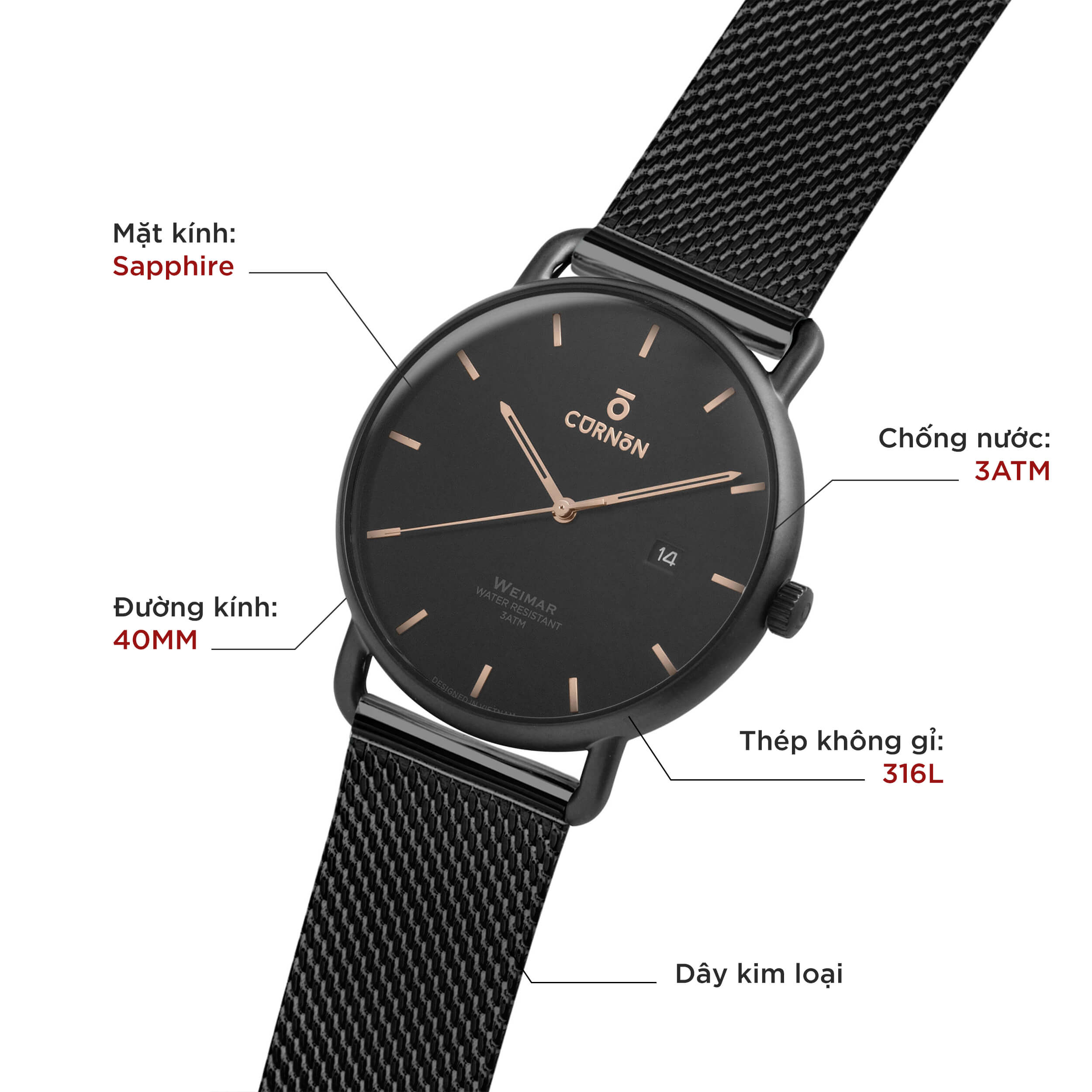 Đồng hồ nam Curnon Weimar Wolfgang dây thép cao cấp
