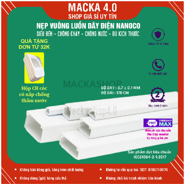 Nẹp vuông luồn dây điện Nanoco dái 1,7m đủ kích thước