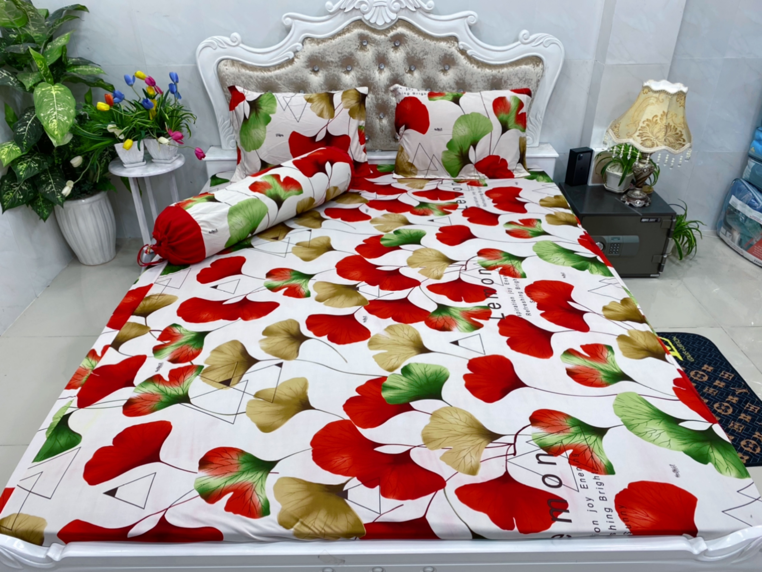 BỘ DRAP THUN HÀN QUỐC 4 MÓN - mẫu lá phối (1 DRAP + 2 ÁO GỐI NẰM + 1 ÁO GỐI ÔM)