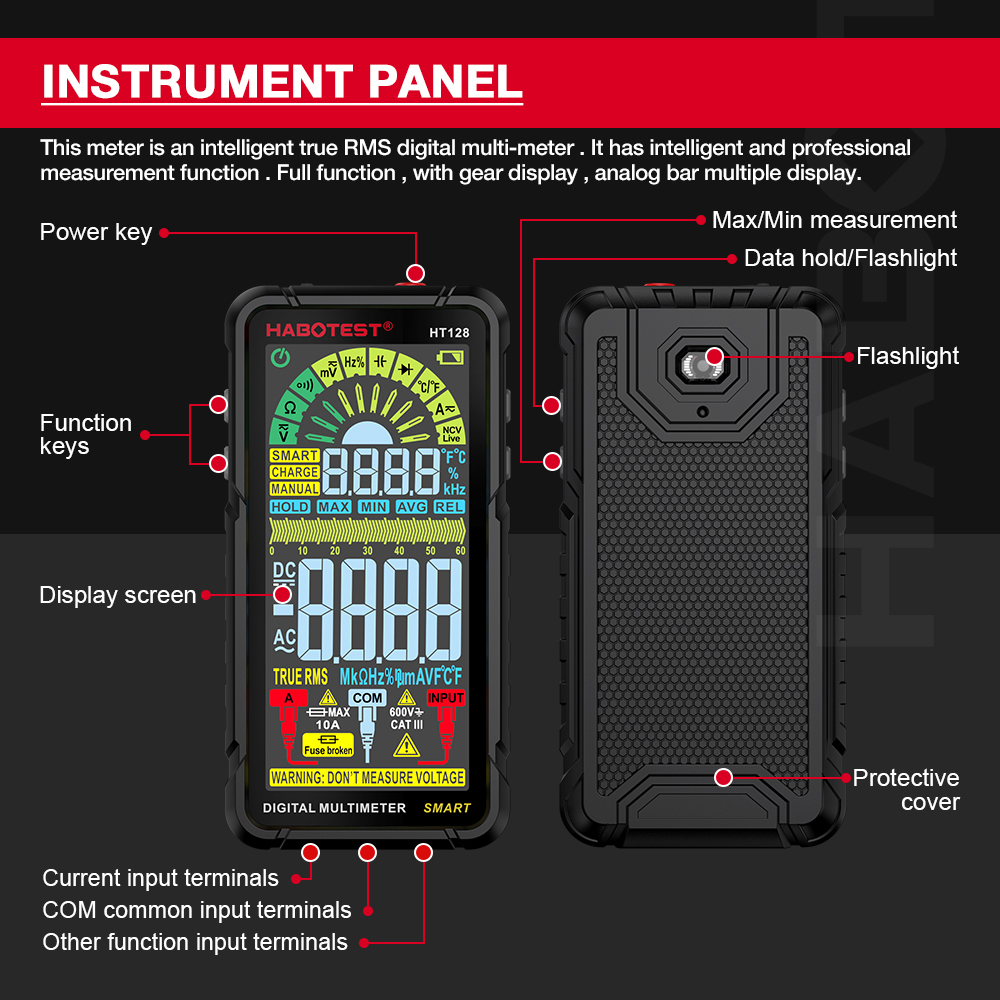 HABOTEST HT128 Digital Multimeter 6000 Counts Smart Measurement Auto-Ranging Voltmeter Voltage Tester with Non-Contact Voltage Function Measures AC/DC Voltage AC/DC Current Resistance Capactiance