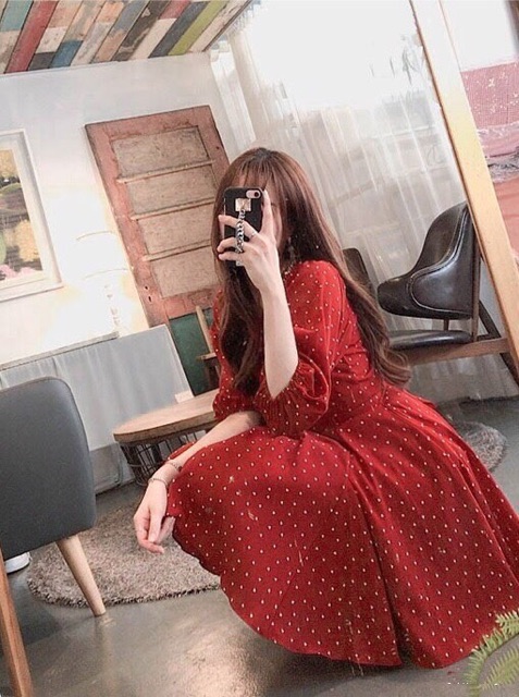 [HCM]Đầm bi đỏ tay lỡ