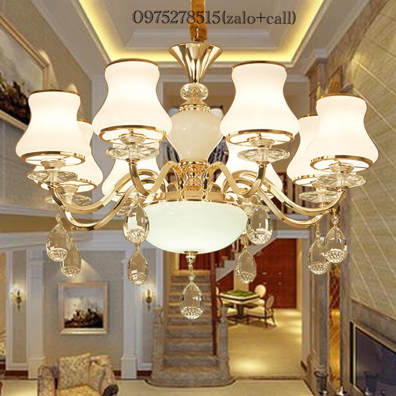 Đèn Chùm 8 Tay KIMILOG Đá  Đúc Đặc Phù Hợp Trang Trí Phòng Khách, Nhà Hàng, Khách Sạn, quán Cafe, karaoke, shop thời trang [ Tặng Kèm 8 Bóng LED][ Hàng chuẩn loại I vàng Pháp 24k]