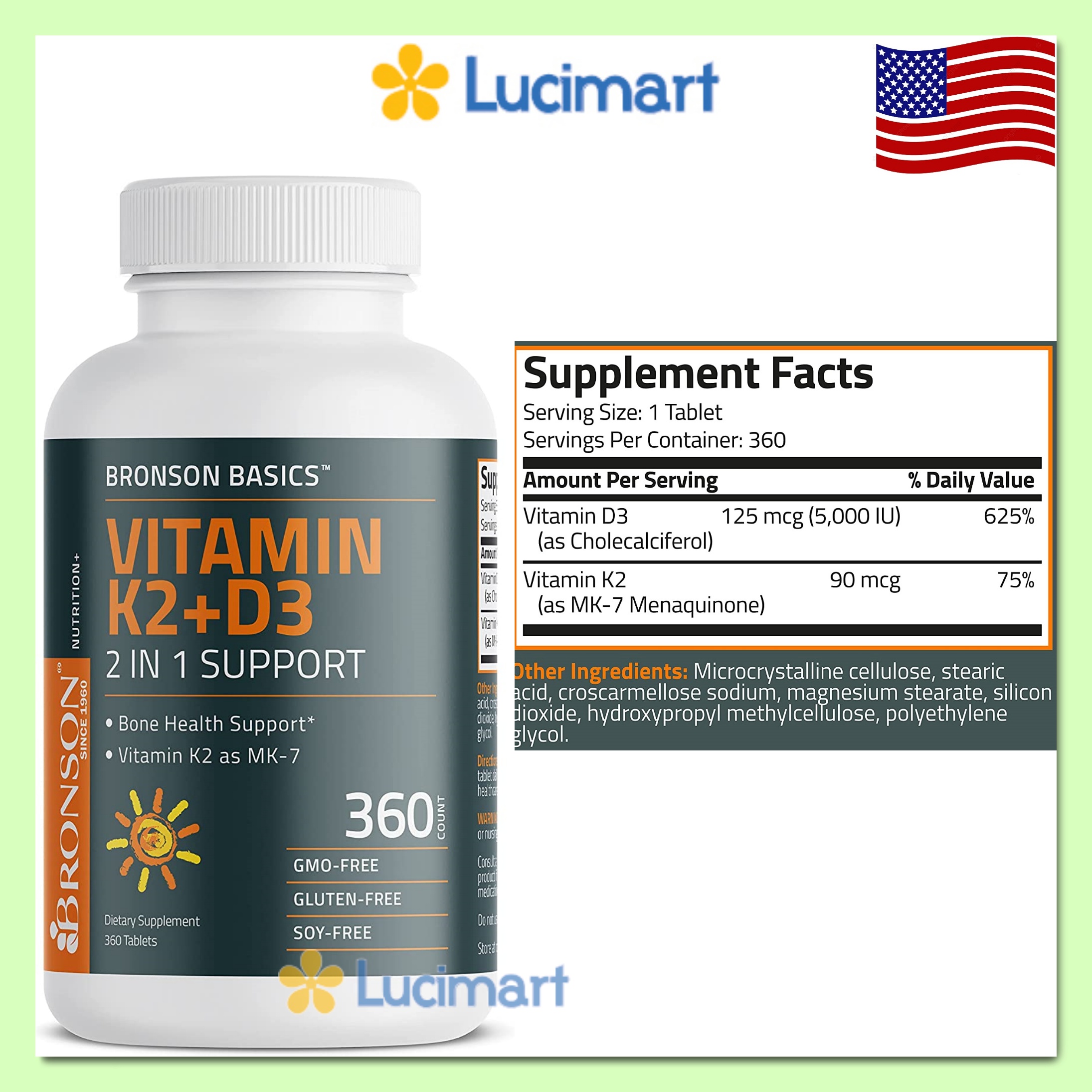 Viên uống vitamin k2 d3 bronson 2in1 hũ 360 viên / 120 viên