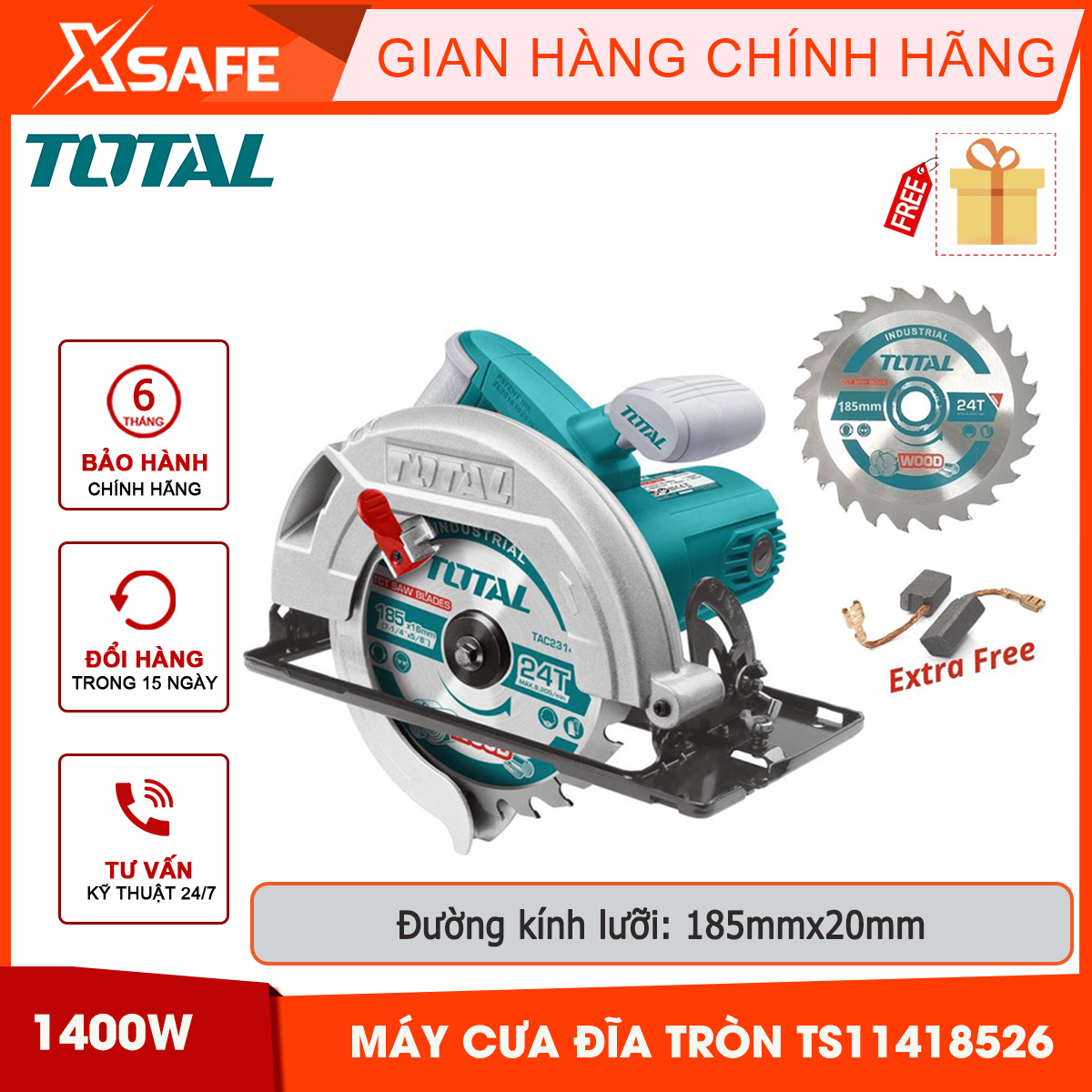 Machine saw disc round 1400W total TS11418526, blade diameter 185x20mm, cutting capacity 45 Độ 44mm & 90 Độ 65mm, no-load speed 4800 rpm/min, wood working machine adjustable cutting depth and cut inclined