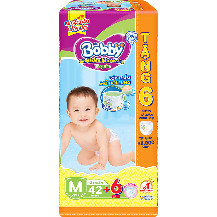 Tã Quần Bobby Trà Xanh M42 tặng 8 miếng