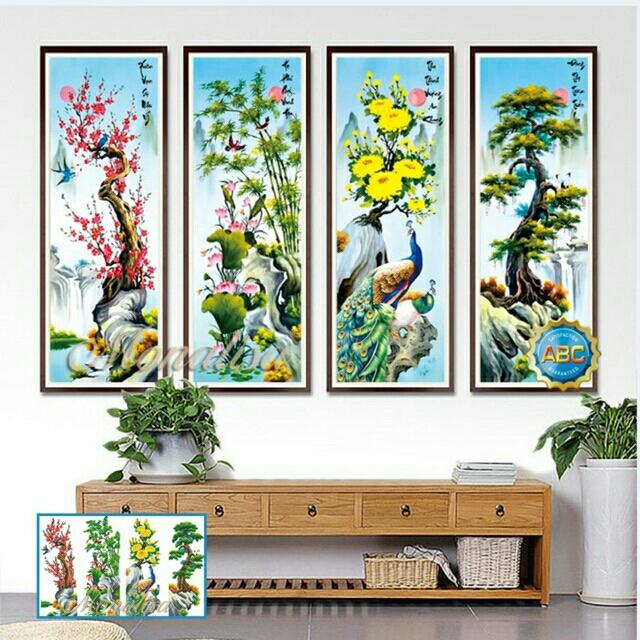 Tranh đính đá tứ quý đào trúc cúc tùng _136×90cm