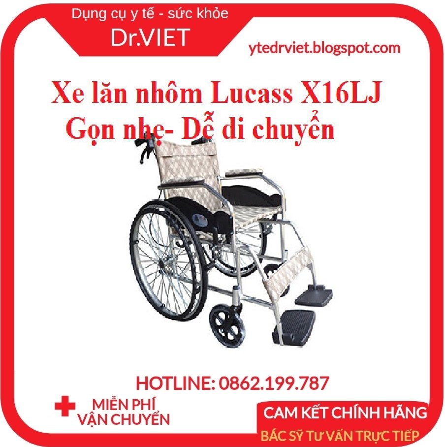 Xe lăn hợp kim nhôm Lucass X16LJ- Xe lăn cho người già, người khuyết tật, chống han gỉ, độ bền cao, gấp gọn dễ di chuyển