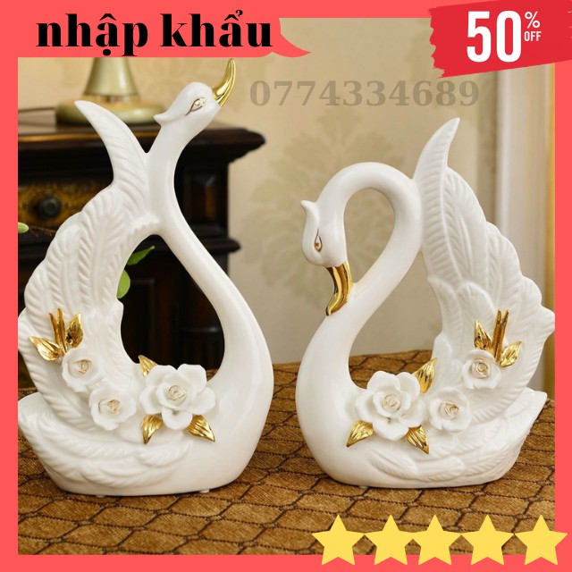Tượng đôi chim thiên nga trống mái chất liệu gốm sứ cao cấp nhập khẩu sang chảnh-decor bàn