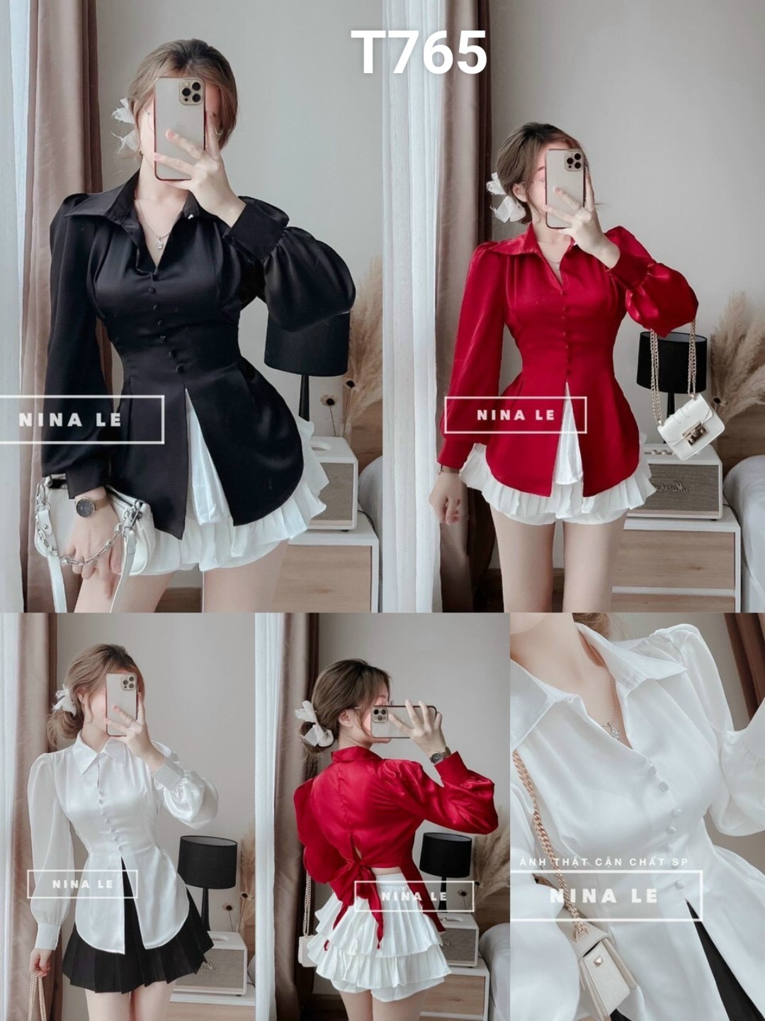 [HCM]set áo sơ mi tay dài phi lụa kèm chân váy kate xoè T765