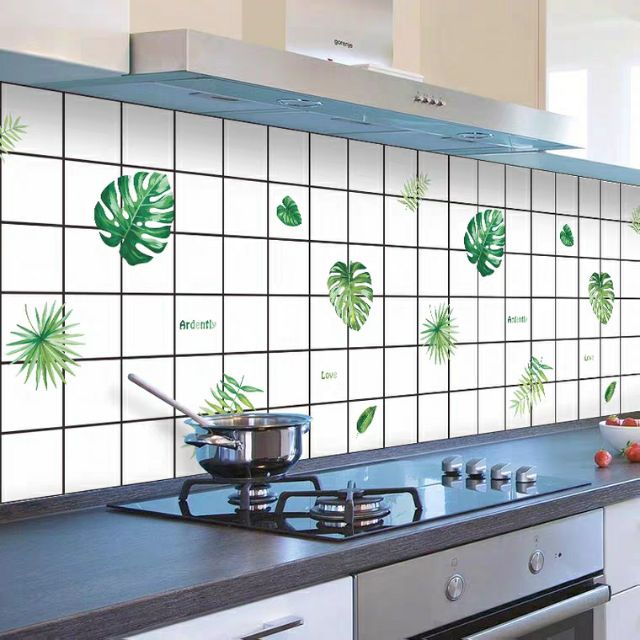Decal tráng nhôm dán bếp ô kẻ lá xanh khổ 60cm keo sẵn