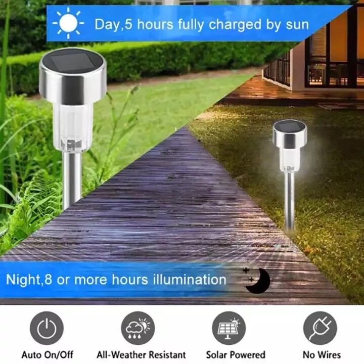 Vimite 6PCS Solar Lawn Light Outdoor Waterproof Automatic Garden Light Landscape Lighting Stainless Steel Pathway Lamp for House Yard Fence