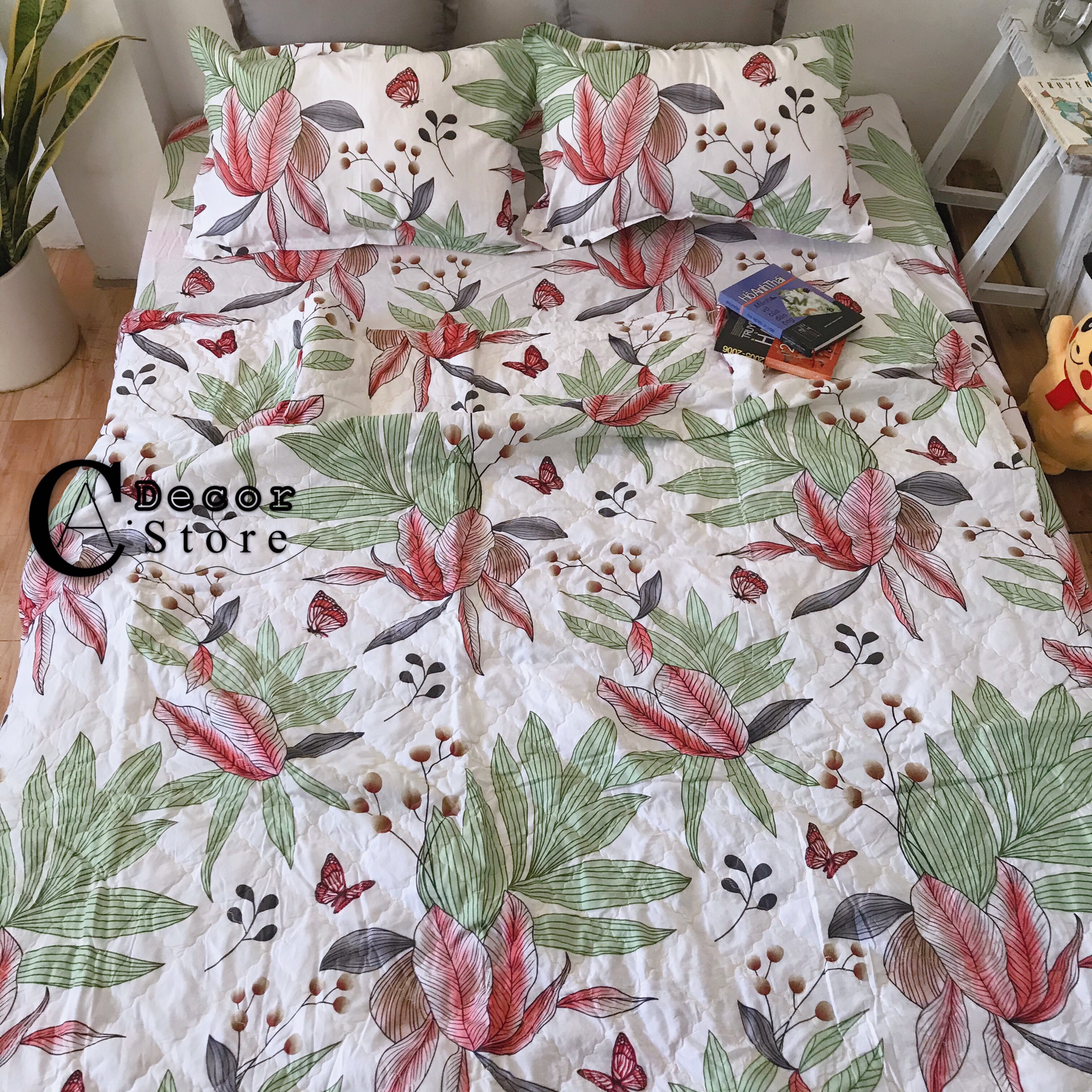Bộ Chăn Ga Gối Cotton Poly Lá Riềng, Chất Liệu Thoáng Mát , Kích Cỡ Đa Dạng , By. C.A Decor Store