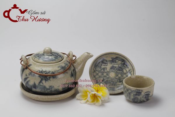 Bộ ấm trà Bát Tràng men rạn giả cổ dáng Nhật