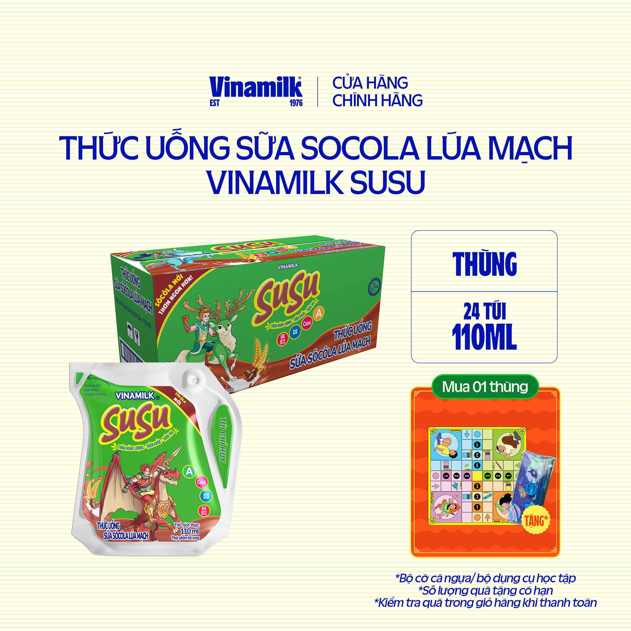 4 Thùng Thức uống Sữa Socola Lúa Mạch Vinamilk Susu Túi 110ml - 24 túi/Thùng