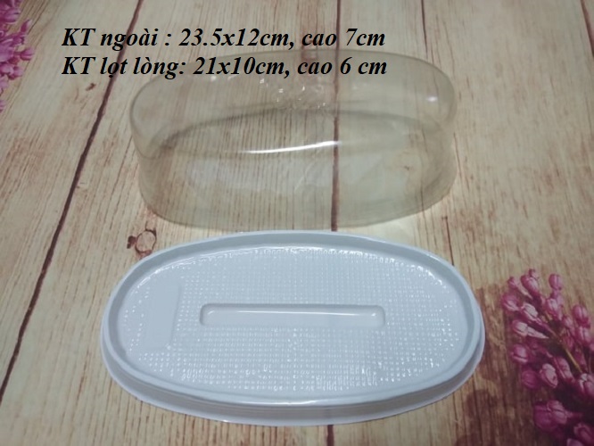 BỘ 100 HỘP NHỰA ĐẾ TRẮNG ĐỰNG BÁNH BÔNG LAN HÌNH OVAL - LỌT LÒNG 21x10 CM CAO 6CM