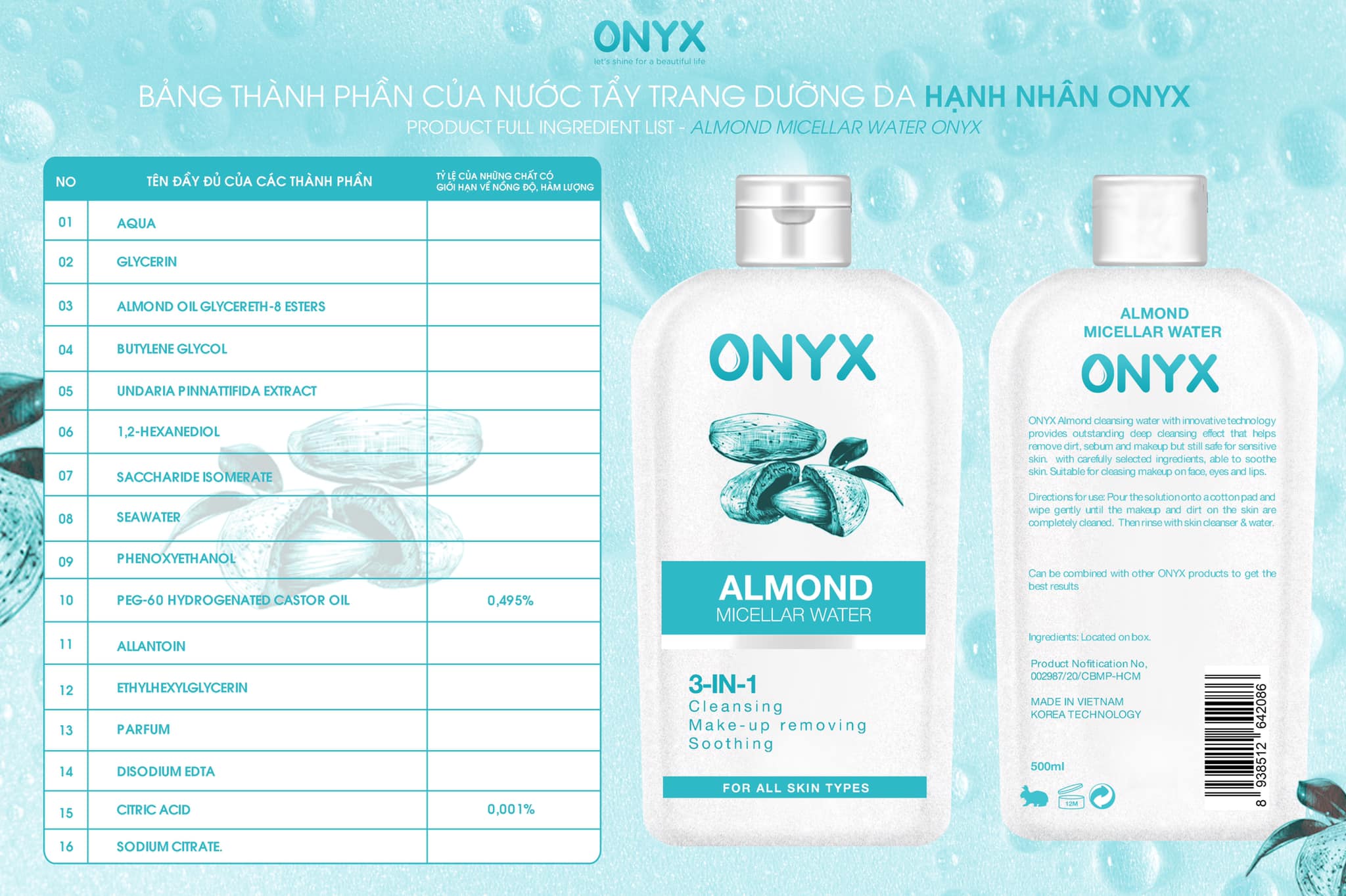 [Chính Hãng] NƯỚC TẨY TRANG ONYX 500ml ( HSD: 08/09/2023)