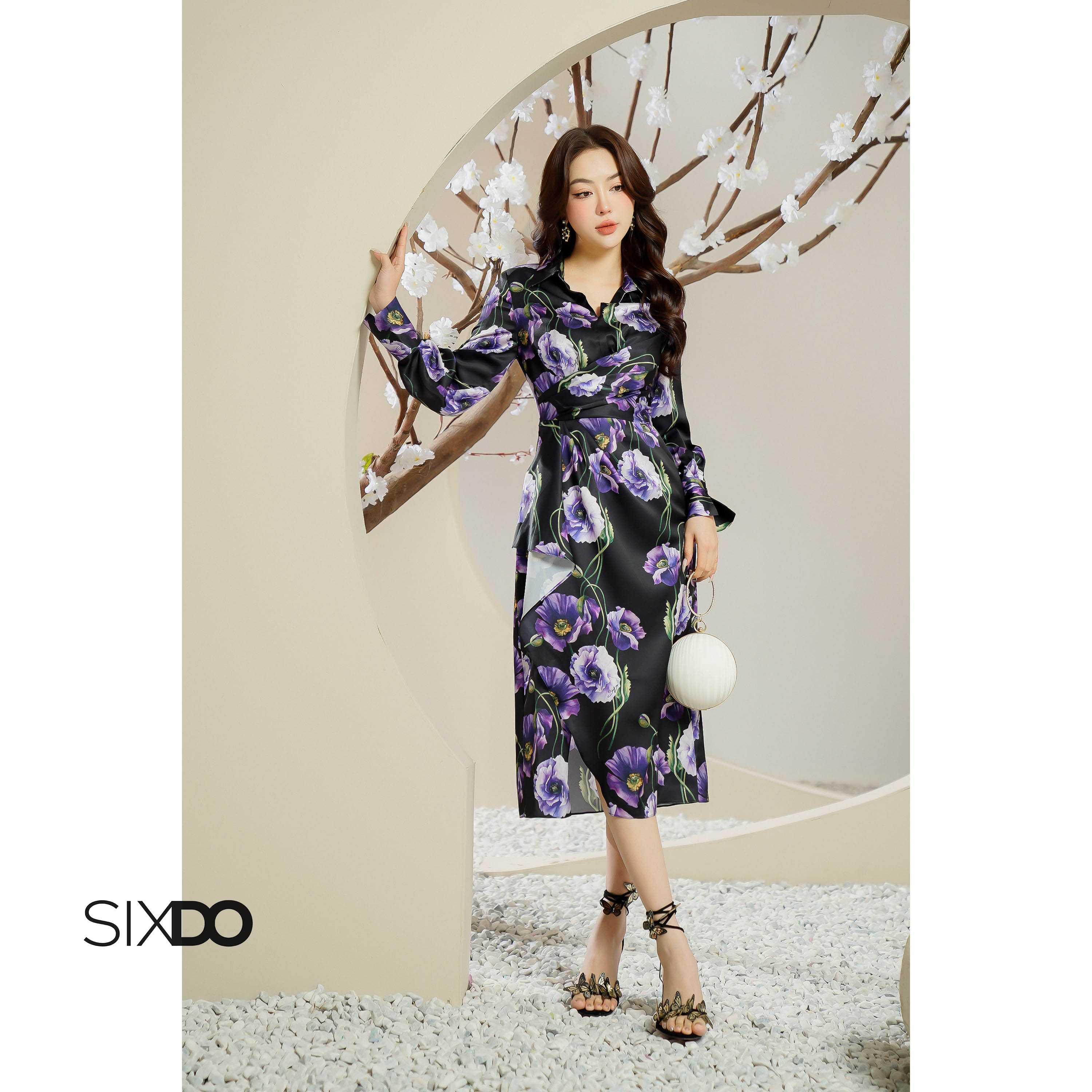 Đầm lụa hoa tay dài cổ sơ mi SIXDO (Black Poppy Midi Silk Dress)