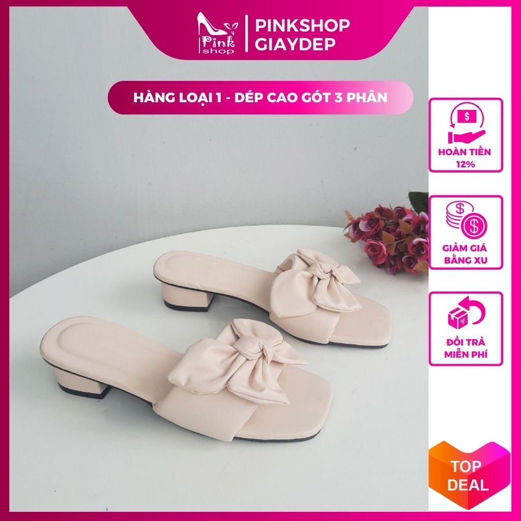 Dép cao gót nữ 3p đế vuông quai ngang phối nơ kiểu đẹp hàn quốc giá rẻ đi tiệc chơi làm đều được có màu đen trắng kem mã G3QNO PinkShopGiayDep