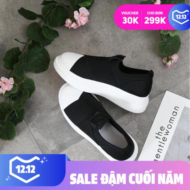 Giày lười nữ độn đế 3cm vá Bi Shop (Đen phối trắng) giá rẻ