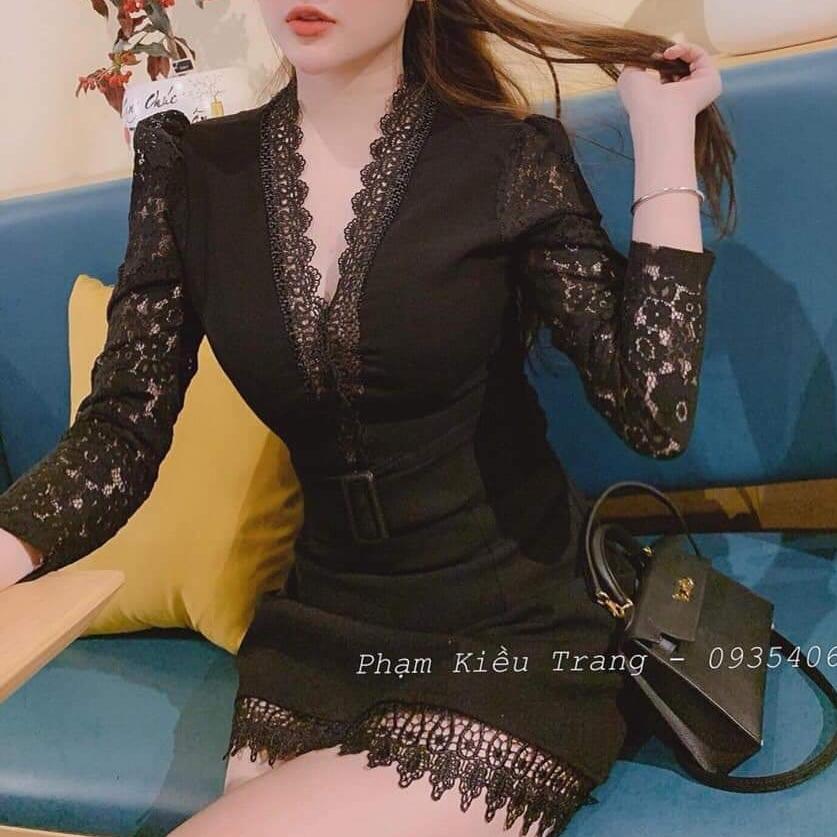 đầm body cổ V tay phối ren