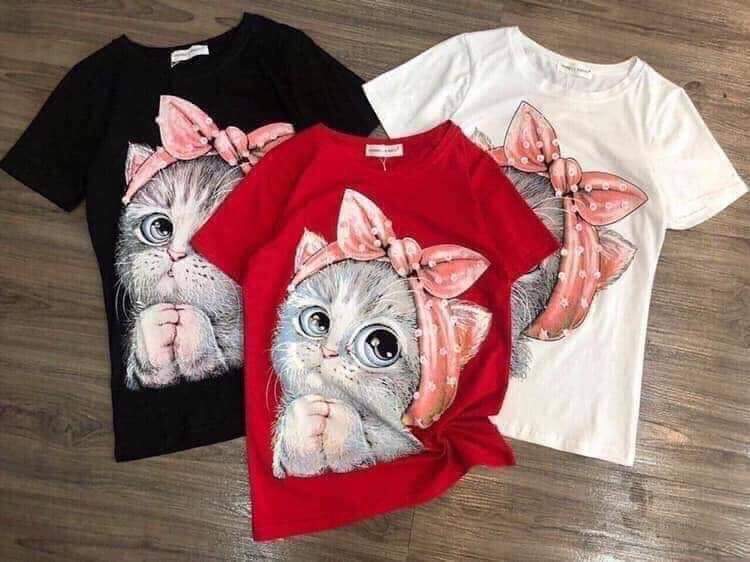 [HCM]Áo thun nữ form rộng Hàn quốc in hình Mèo Đeo Nơ dễ thương vải dày mịn mát