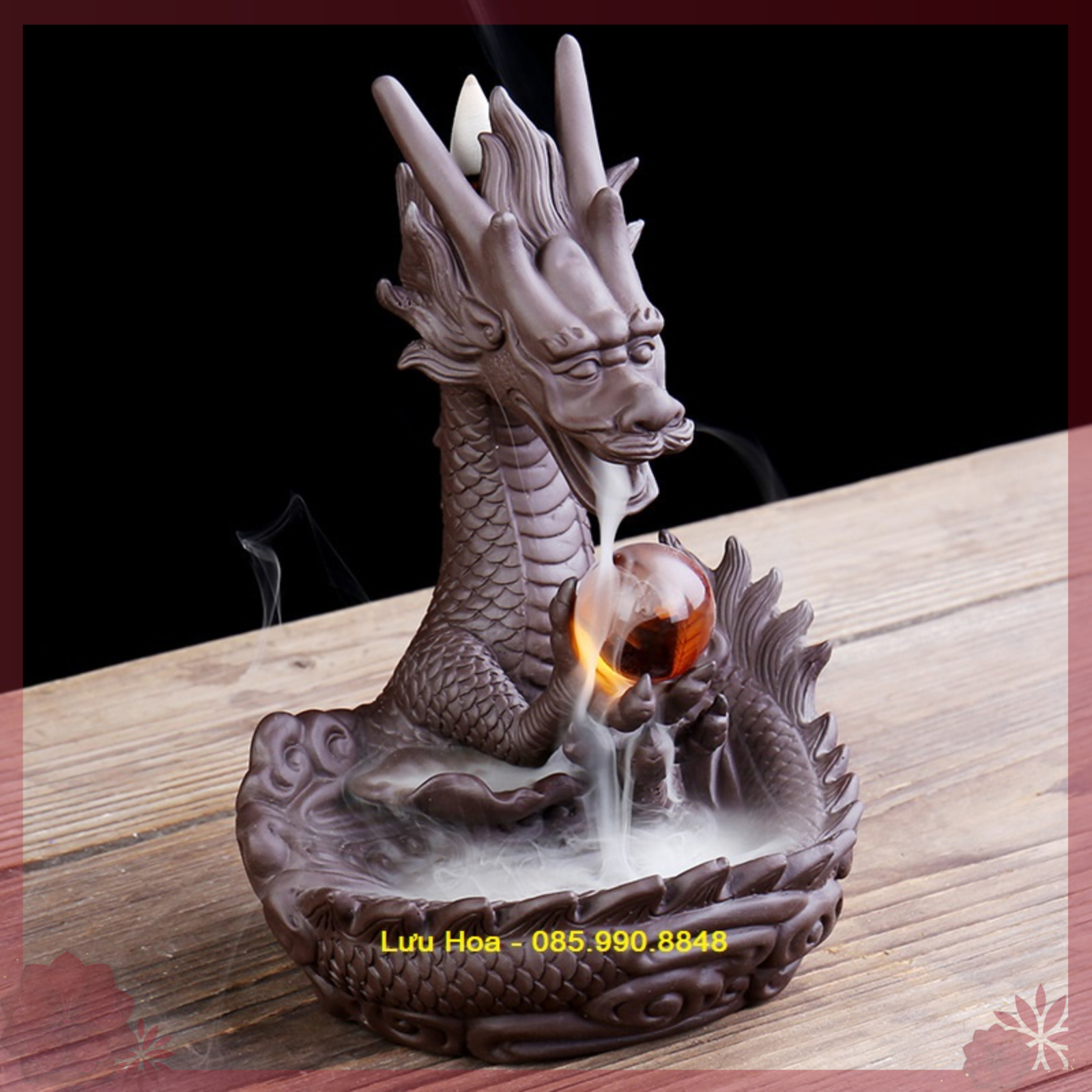 Thác Khói Trầm Hương PHI LONG PHUN CHÂU tay cầm Ngọc  - Dùng tĩnh tâm, thiền định, cầu bình an, may mắn, tài lộc