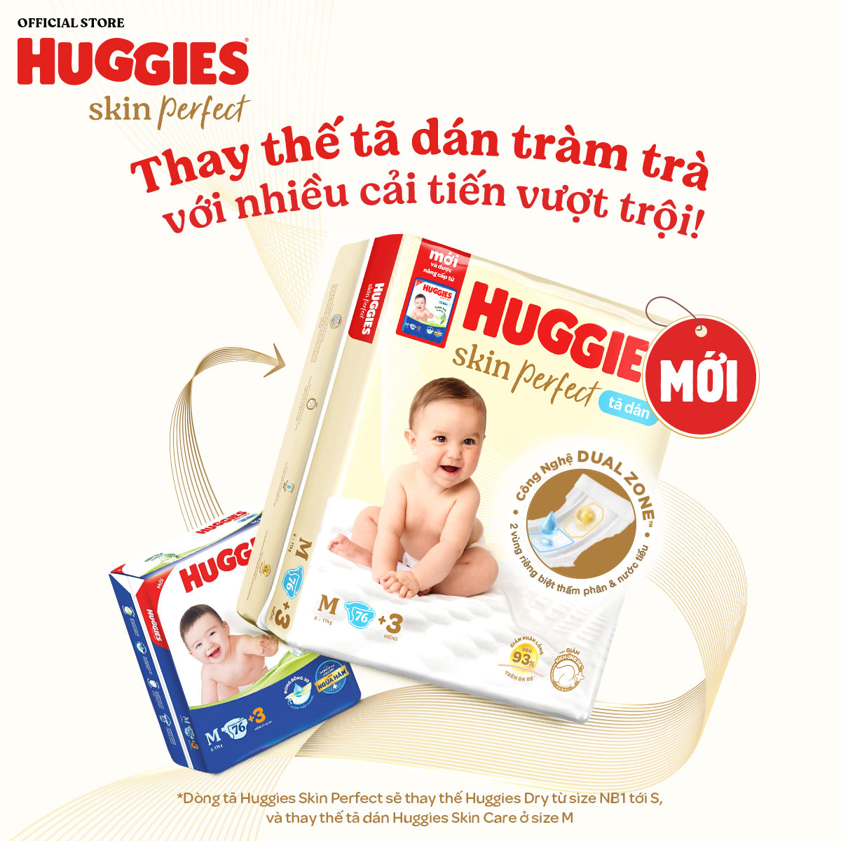 [CHỈ 20h 5-8/6 QUÀ TẶNG ĐƠN 0Đ]  Tã dán Huggies Skin Perfect Super Jumbo M76+3 miếng