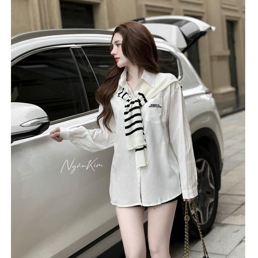 Set áo sơ mi tone trắng basic freesize tay dài phối khăn choàng kẻ sọc style basic trẻ trung, thanh lịch
