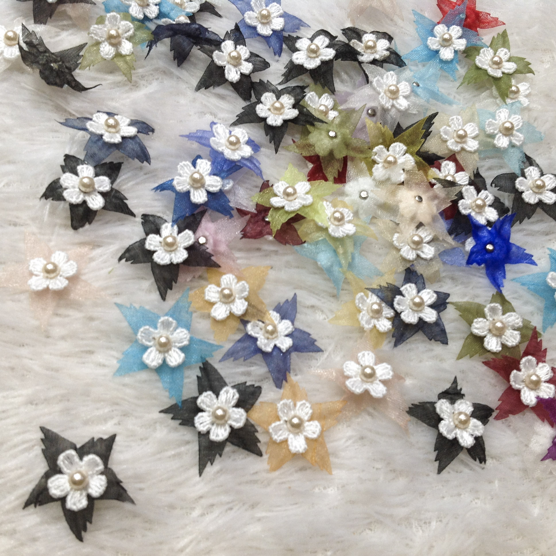 Hoa thêu 3D bông voan kim tuyến thêu sẵn gói hoa nhụy đính cườm xoàn hoa vải trang trí áo đính kết trang phục