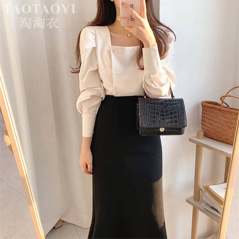 ÁO CỔ VUÔNG PHỐI NÚT Phong Cách Hàn Quốc Cực Hot