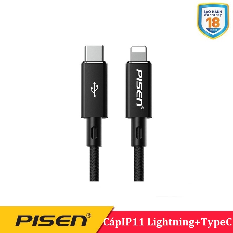 Bộ sạc cáp Pisen 18W - Cho Iphone 11 QC3.0 ( Sạc 18W + Cáp dây dù 3A Lightning&Type-C)