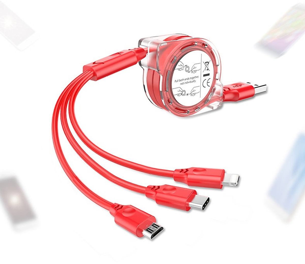 Cáp Sạc Đa Năng 3 Đầu Dây Rút Cổng Micro USB, Type C và Lightning