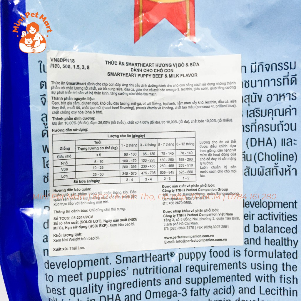 [HCM]Thức ăn hạt cho chó con SMARTHEART 3kg - Vị thịt bò và sữa