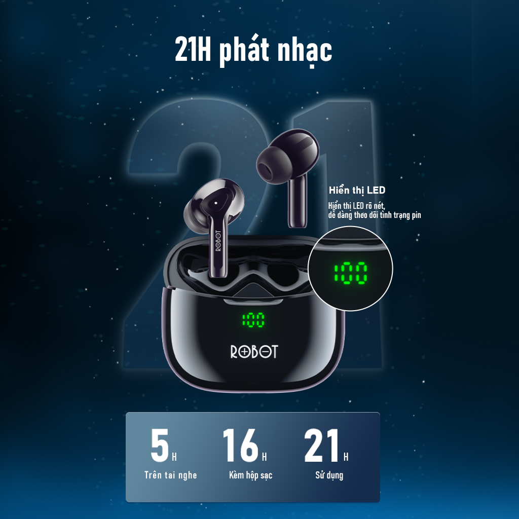 Tai nghe bluetooth Robot Airbuds T30 Plus hiển thị LED chống nước IPX4 thời gian nghe nhạc 21h thiết kế tai nghe không dây bass mạnh đàm thoại trong rõ tích hợp microphone tiện dụng thời gian nghe nhạc