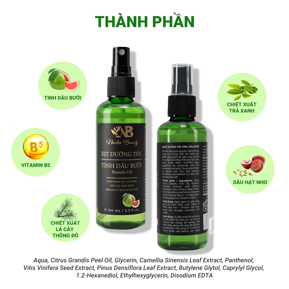 ( TẶNG MẶT NẠ) Xịt Dưỡng Tóc Pomelo Tinh Dầu Bưởi Cao Cấp - Nacha Beauty - Giải pháp cho các vấn đề về tóc hư tổn