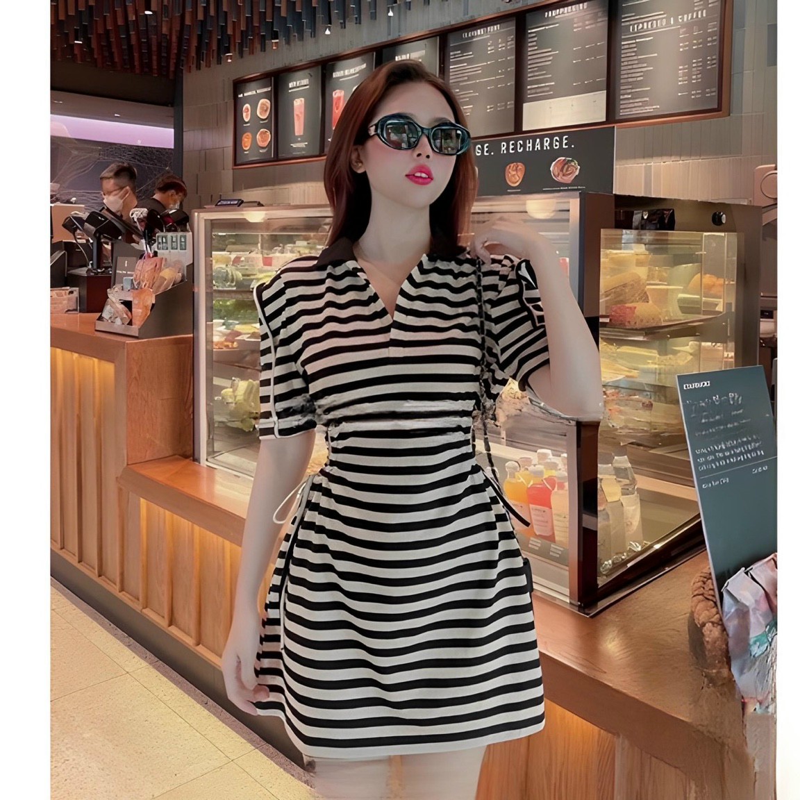 Váy đầm nữ kẻ sọc cổ sơ mi rút dây eo cực xinh