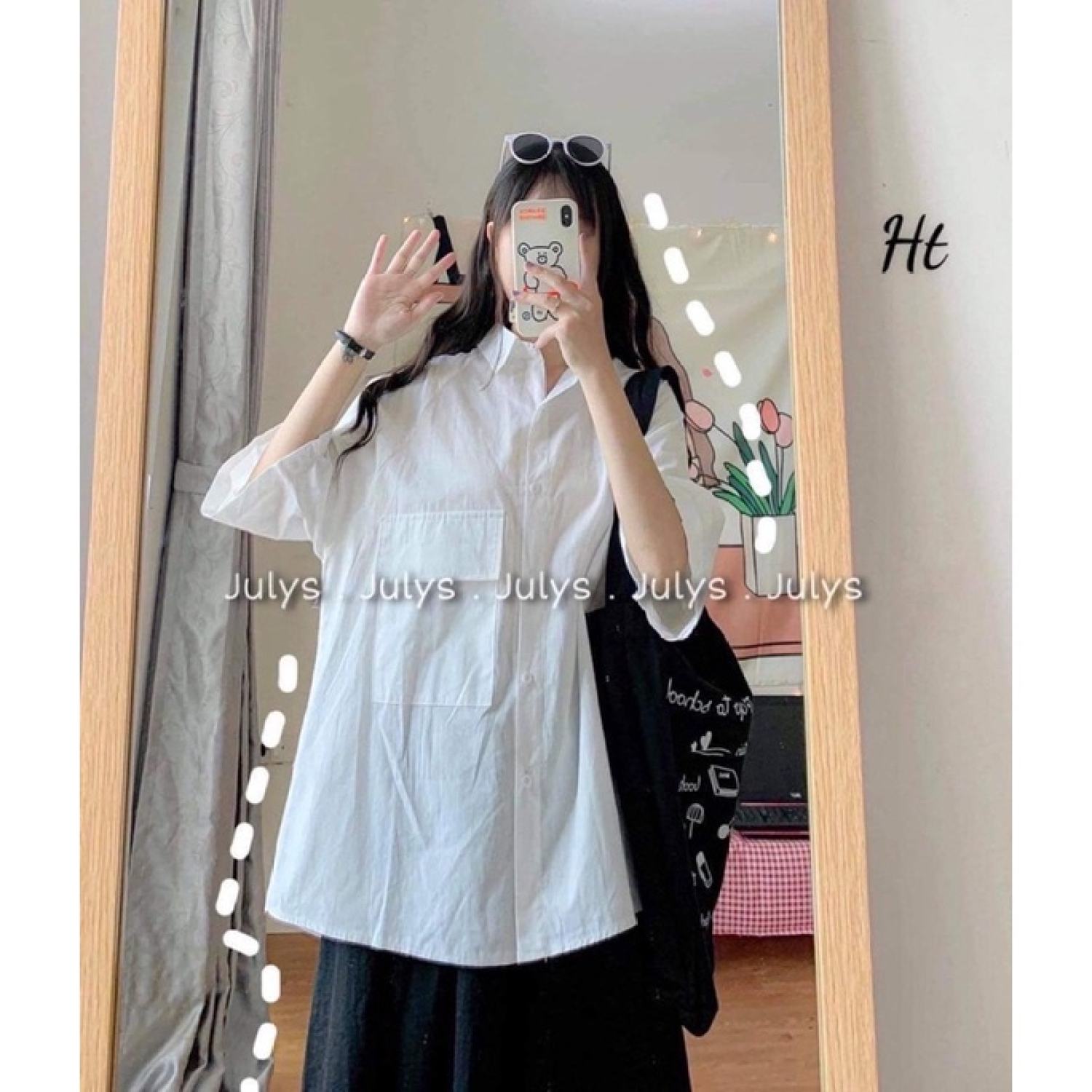 Áo sơ mi trắng nắp túi to ngắn tay Ht