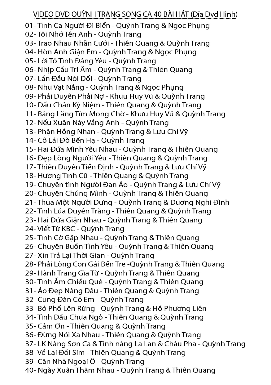 [DVD-VIDEO-40] DVD VIDEO QUỲNH TRANG SONG CA 40 BÀI HÁT