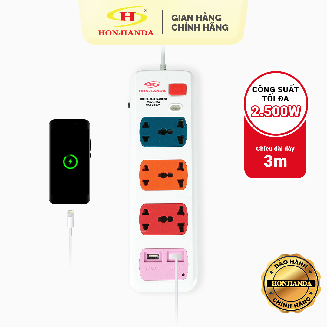 Ổ cắm điện đa năng Có USB Honjianda Mã 02 Dây 3m - an toàn chống quá tải