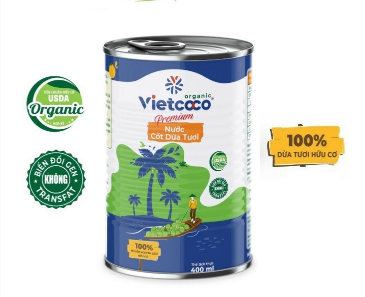 Nước cốt dừa tươi hữu cơ organic nguyên chất Vietcoco lon lớn 400ml đặc