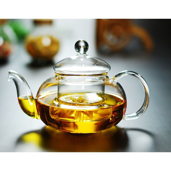 Ấm trà thủy tinh chịu nhiệt quai vồng 600ml, ấm thủy tinh pha trà hoa cúc