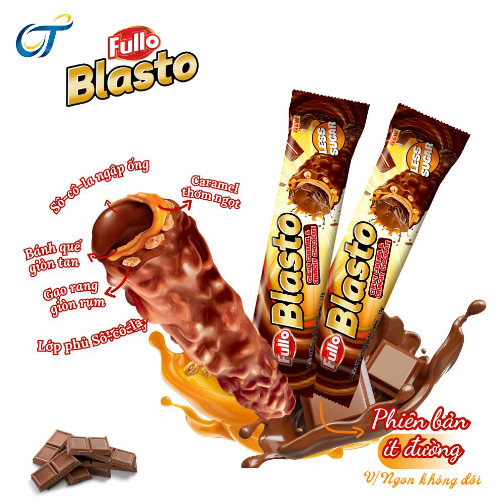QUÀ ĐƠN 100K _ (ÍT ĐƯỜNG) Fullo Blasto Less Sugar _ Bánh quế kem choco caramel gạo rang Ít Đường 180gr