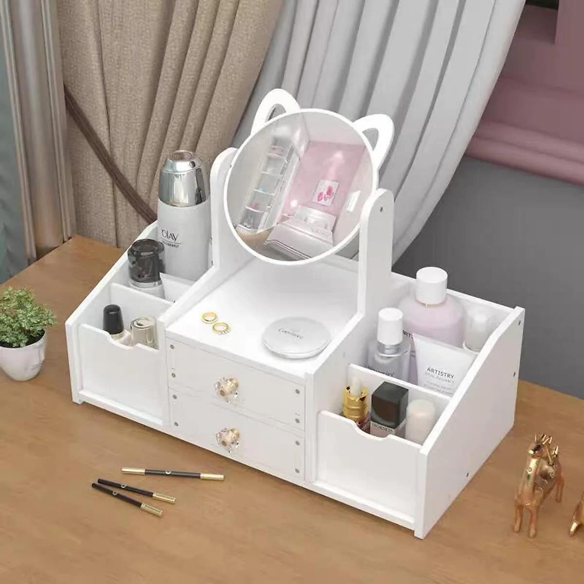 Kệ mỹ phẩm mèo 2 tầng, 3 ô đựng đồ tiện dụng
