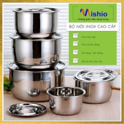 COMBO 5 NỒI , Bộ 5 nồi inox dung tích cực lớn , nấu được bếp từ , hồng ngoại... My Home MK82 - MK82 [ 5 size là : 0.9 lít - 1,8 lít - 3,5 lít - 6 lít - 10 lít ]
