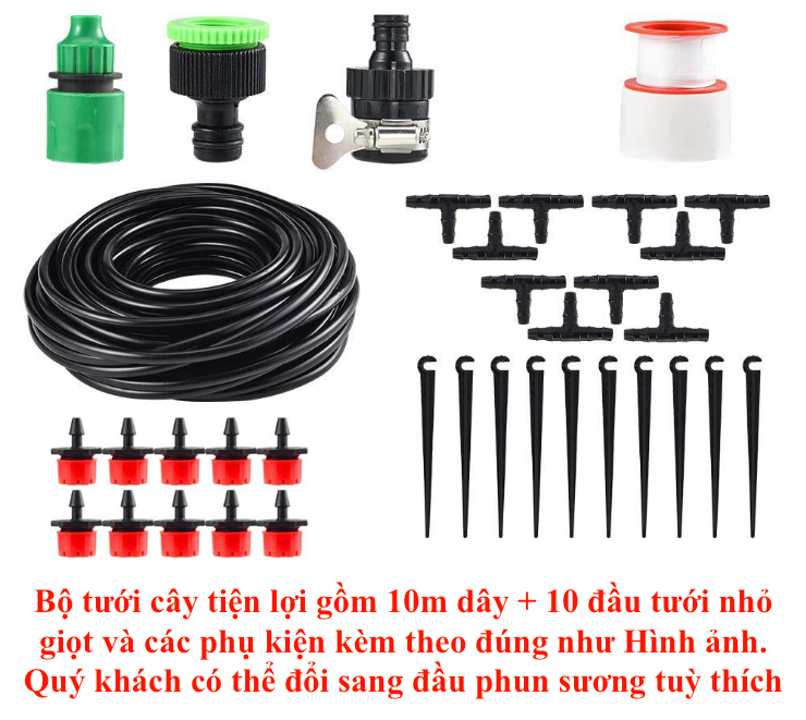 Bộ tưới nước, tưới cây, làm mát tiện lợi gồm 10 đầu tưới phun sương hoặc giọt 8 tia và 10m dây dẫn cùng đầy đủ phụ kiện khác kèm theo. Phù hợp với việc làm vườn, làm nông nghiệp công nghệ cao, tiết kiệm công sức, thời gian.
