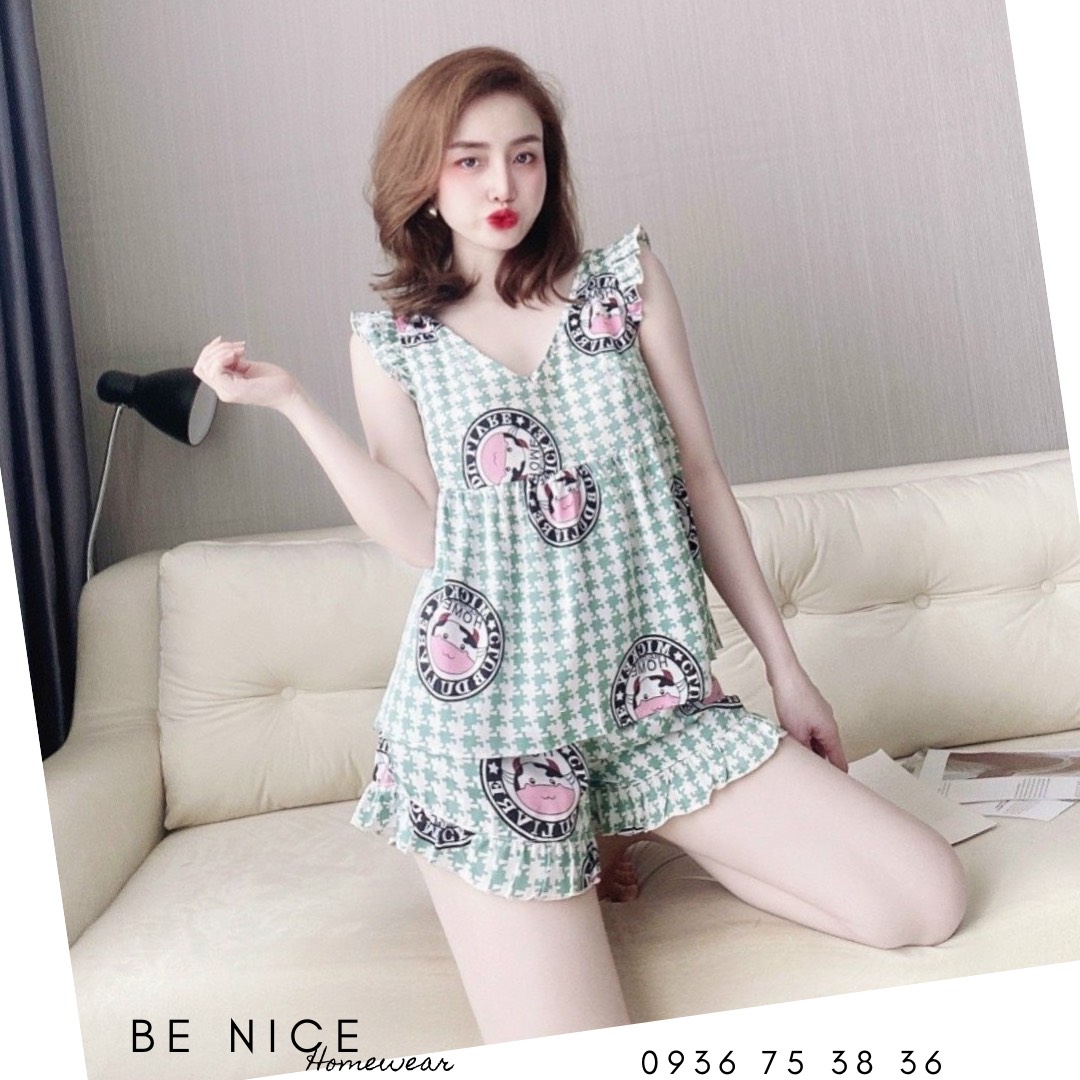 Set đùi mặc nhà cổ V nhún ngực