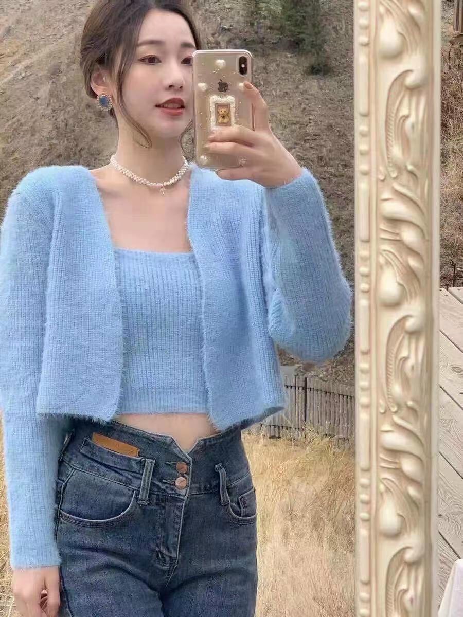 Set cardigan len lông áo 2 dây